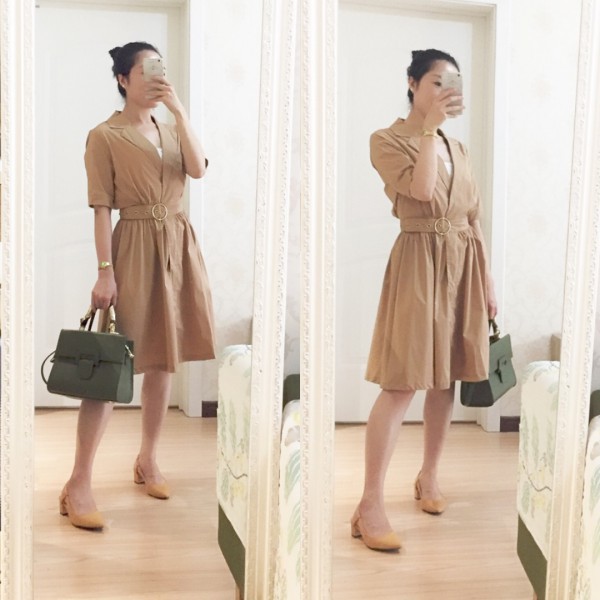 可以尝试whist365这样的卡其色连衣裙 墨绿色包包组合